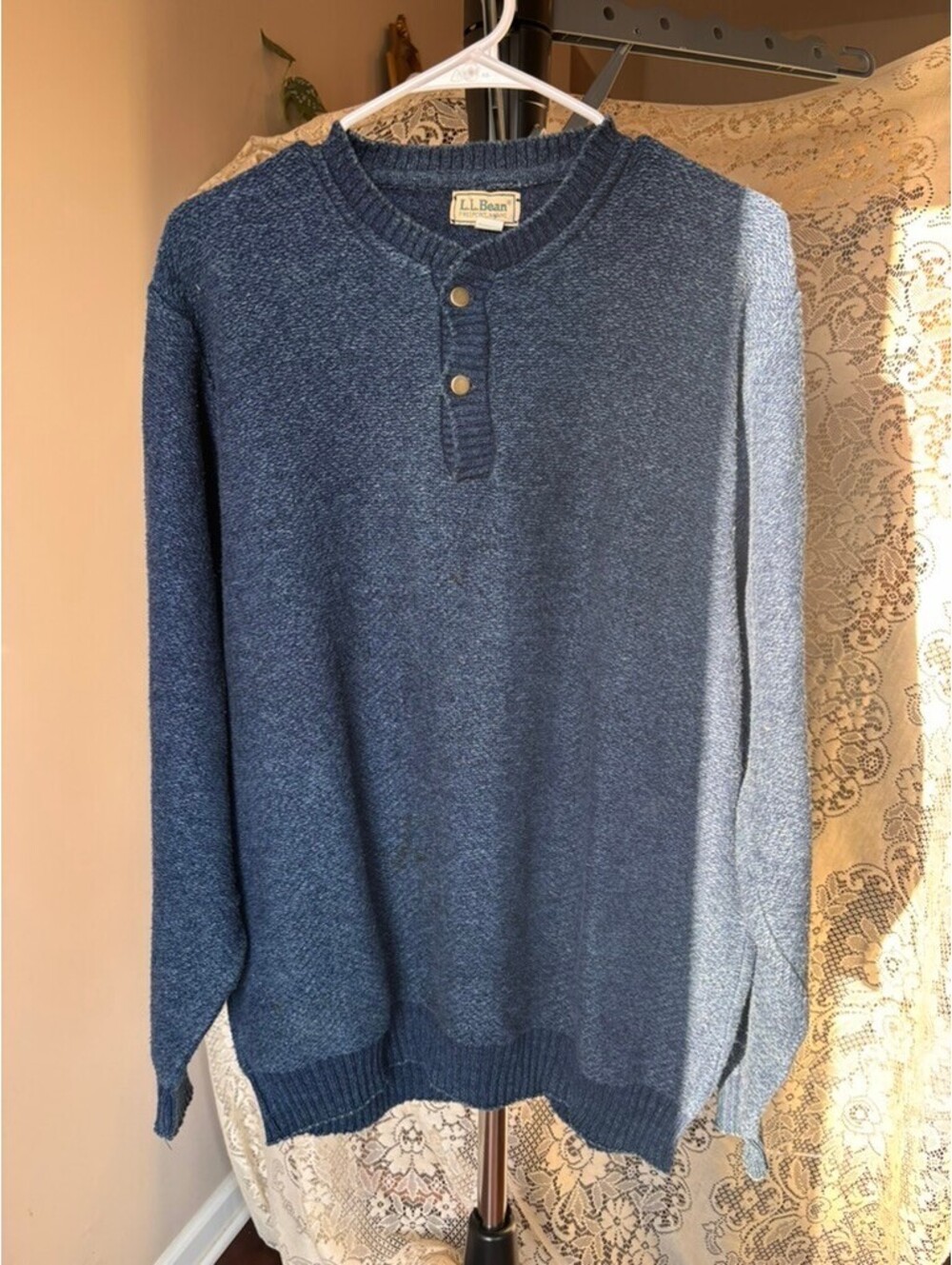 Vintage L.L.Bean Blue Henley Knit Sweater Pullover Snap Neck USA Classic